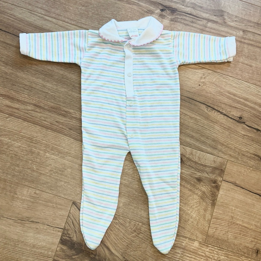 Vintage Trimfit Baby Unisex Striped Footie Pajamas w/ Collar Size Newborn